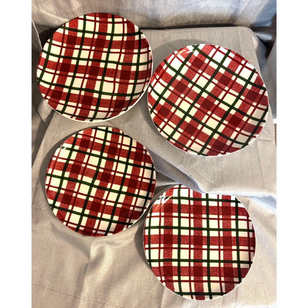 4 New Sleigh Bell Bistro White, Green, & Red Plaid Ceramic Salad Plates 8.5”
